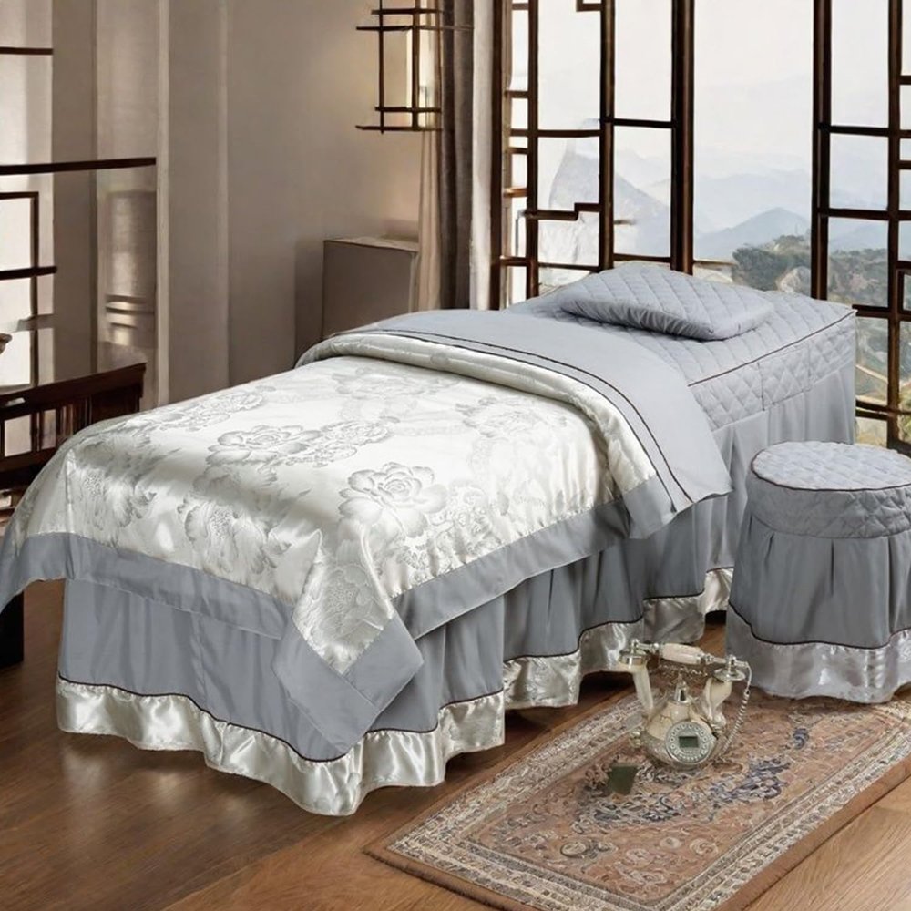 LDLCYCN Grey,190 * 70cm(S), 4 Piece Massage Table Bed Cover Set Massage Table Bed Skirt Breathable Reusable Spa Bed Cover with Face Hole Full Wrap Massage Table Accessories Machine Washable