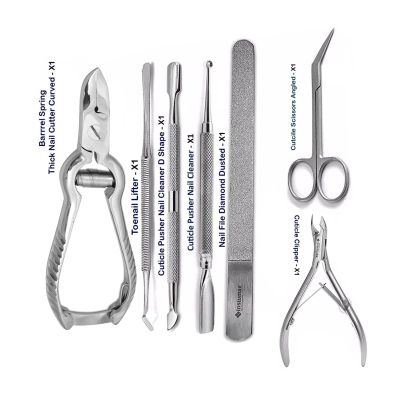 7-Piece Professional Toenail Care Kit  Complete Foot Care Instrument Set with Angled Scissors, Barrel Cutter, Cuticle Nipper, Toenail Lifter & Diamond Nail File for Home & Salon Use