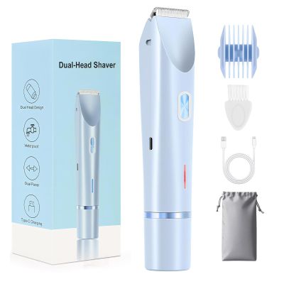 GlossLuxe Bikini Trimmer for Women, 2-in-1 Dual Head Shaver Women, IPX7 Waterproof Gentle Electric Razors for Sensitive Areas, Cordless Hair Removal for Shower & Travel, Holiday Gift (Blue)