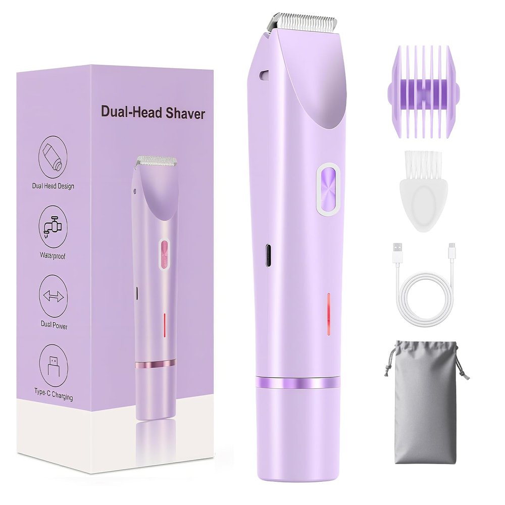 GlossLuxe Bikini Trimmer for Women, 2-in-1 Dual Head Shaver Women, IPX7 Waterproof Gentle Electric Razors for Sensitive Areas, Cordless Hair Removal for Shower & Travel, Holiday Gift (Purple)
