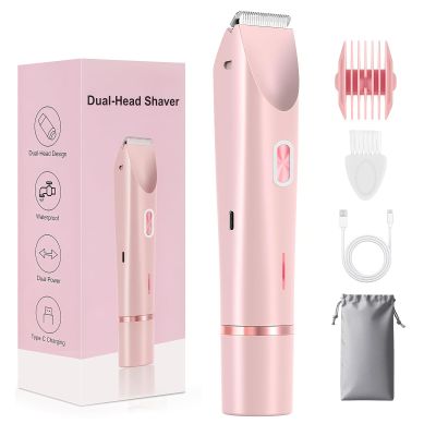 GlossLuxe Bikini Trimmer for Women, 2-in-1 Dual Head Shaver Women, IPX7 Waterproof Gentle Electric Razors for Sensitive Areas, Cordless Hair Removal for Shower & Travel, Holiday Gift (Pink)