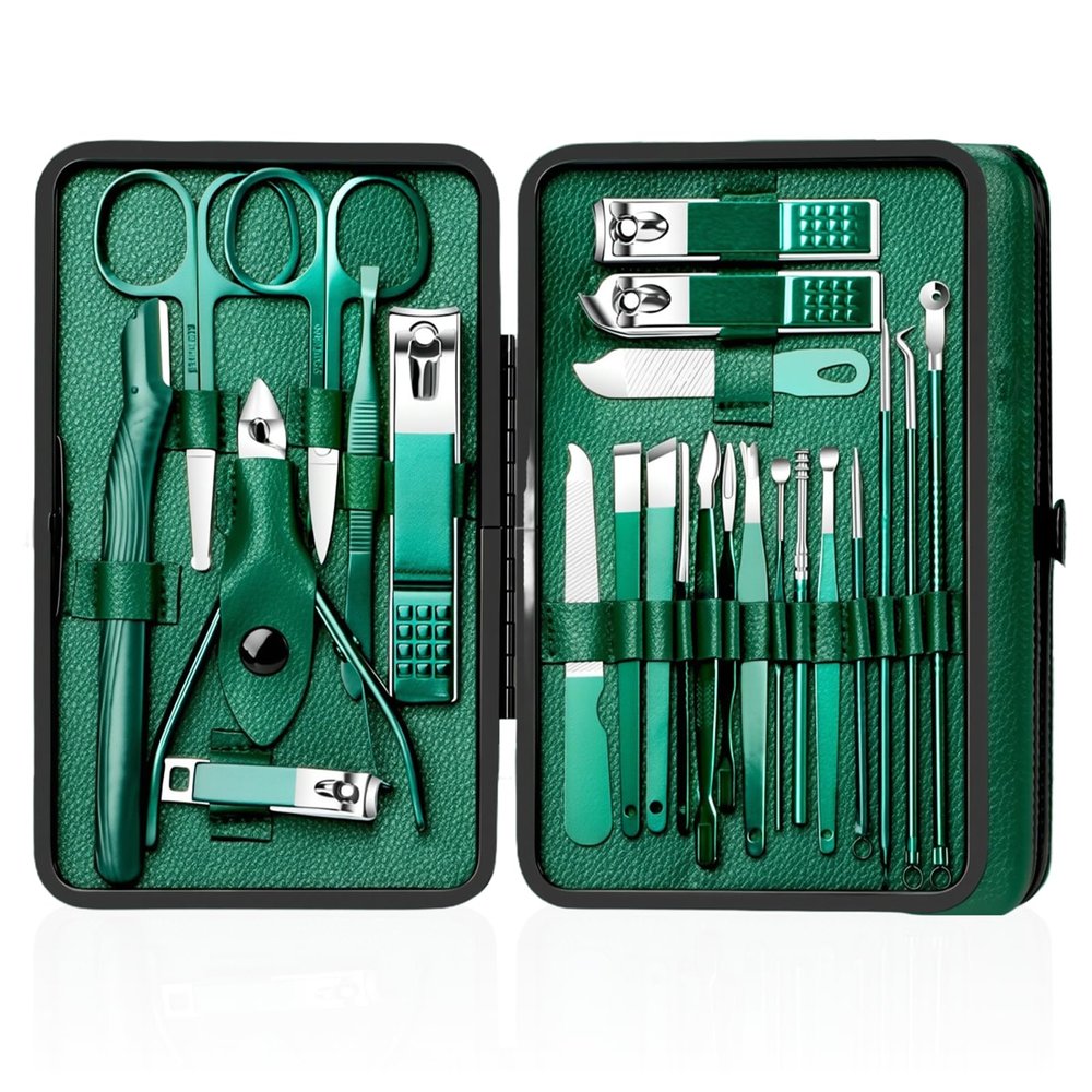 10/20/24/26 PCS Stainless Steel Nail Clipper Set, Grooming Tool Set With Portable Case, Manicure Tool Set, Green Nails Cut, Grooming Tool Set With Portable Case, Green, Forest Green (24PCS set)