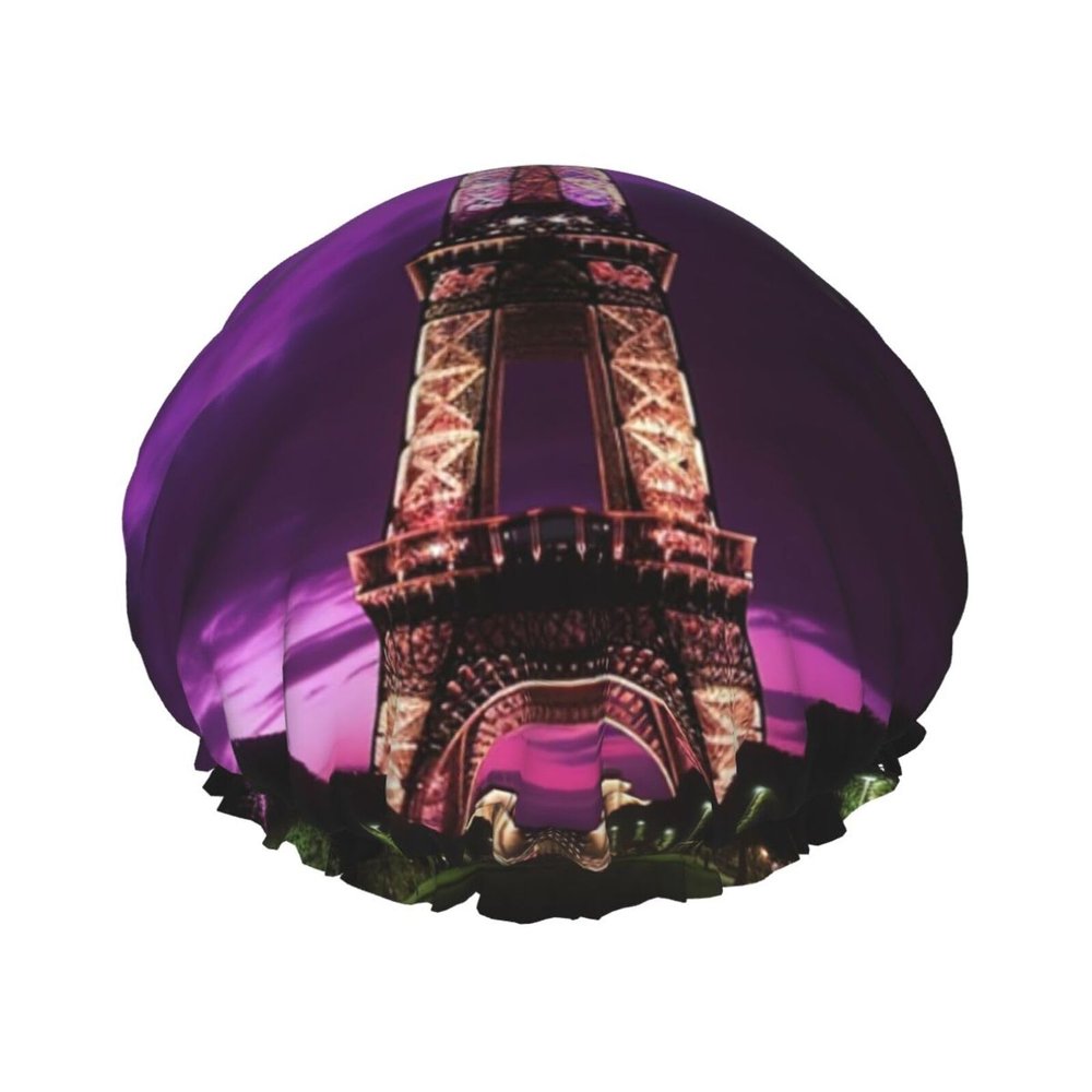 Purple Eiffel Tower Shower Cap Reusable Elastic Bath Caps Waterproof Bath Hair Hat for Women Men Spa Salon Large Shower Bonnet Double Layer Bathing Hair Cap for Long Hair, Braids