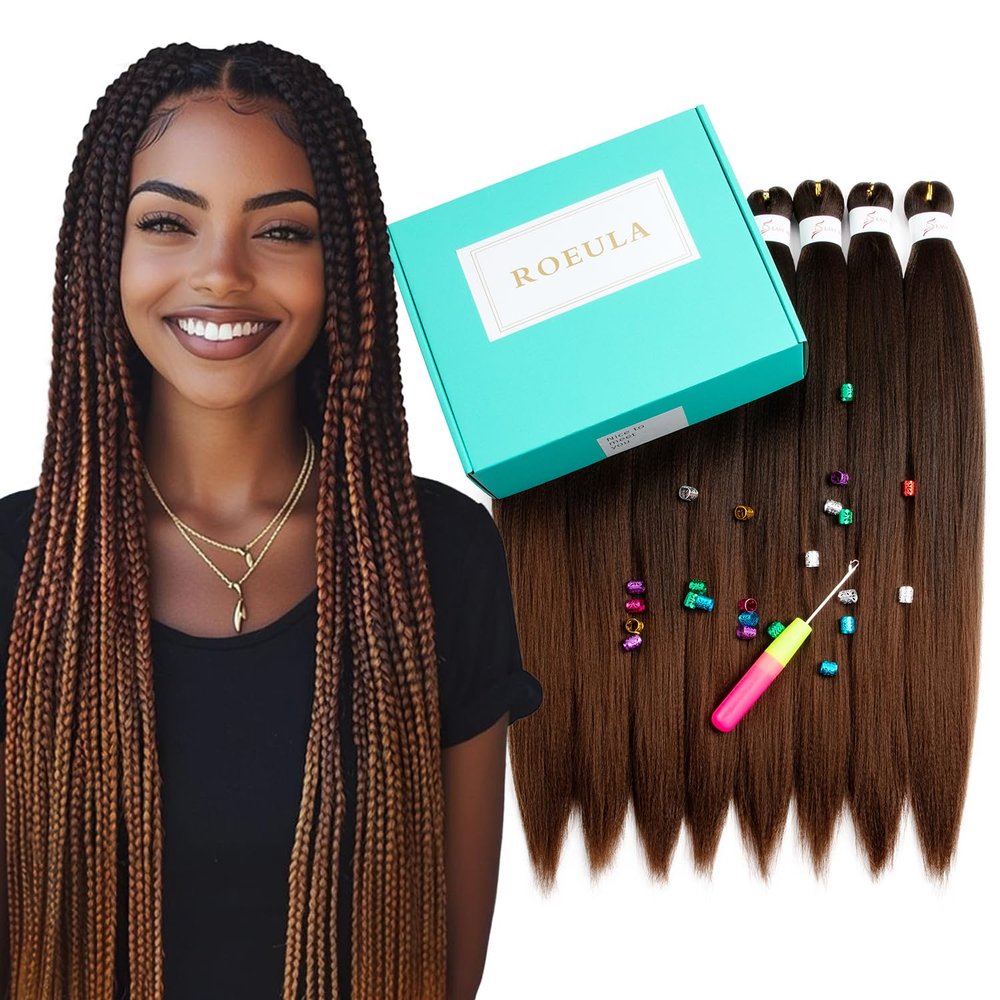 Roeula T4/30# Pre Stretched Braiding Hair 20 Inch 8 Packs Long Ombre Medium Brown to Auburn Brown Braiding Hair Pre Stretched Professional Prestretched Braiding Hair Synthetic Crochet Twist Braids