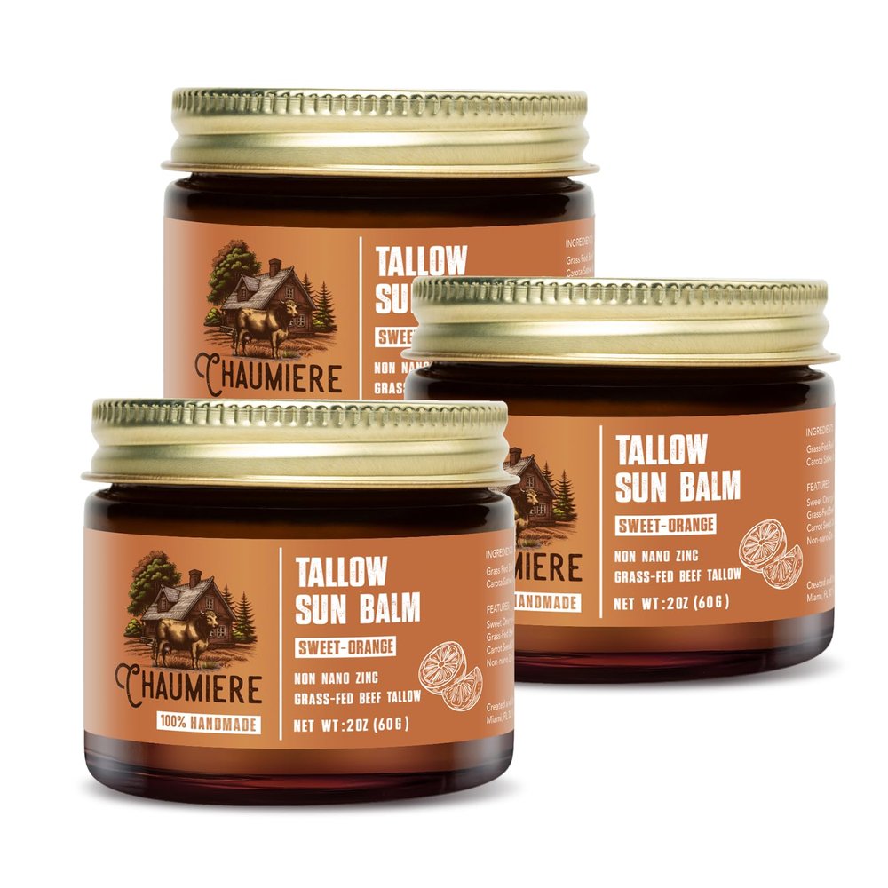 Sweet Orange Tallow Sunscreen SPF 50 Grass-Fed Beef Tallow Balm with Carrot Seed Oil & Non-Nano Zinc Organic Face & Body Moisturizer, Reef Safe, Naturally Scented 2.5oz x3, Made in USA