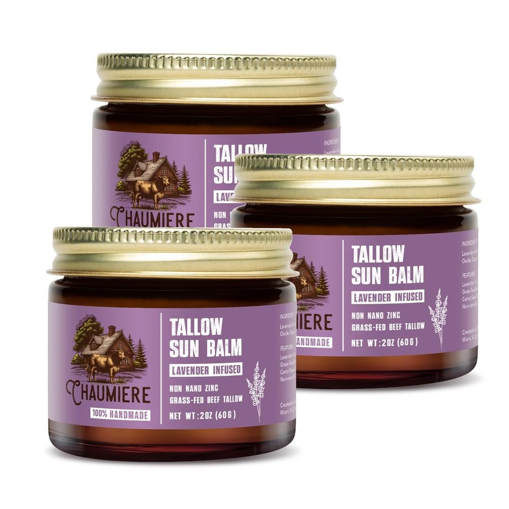 Lavender Tallow Sunscreen SPF 50  Grass-Fed Beef Tallow Balm with Carrot Seed Oil & Non-Nano Zinc  Organic Face & Body Moisturizer, Reef Safe, Naturally Scented  2.5oz x 3, Made in USA
