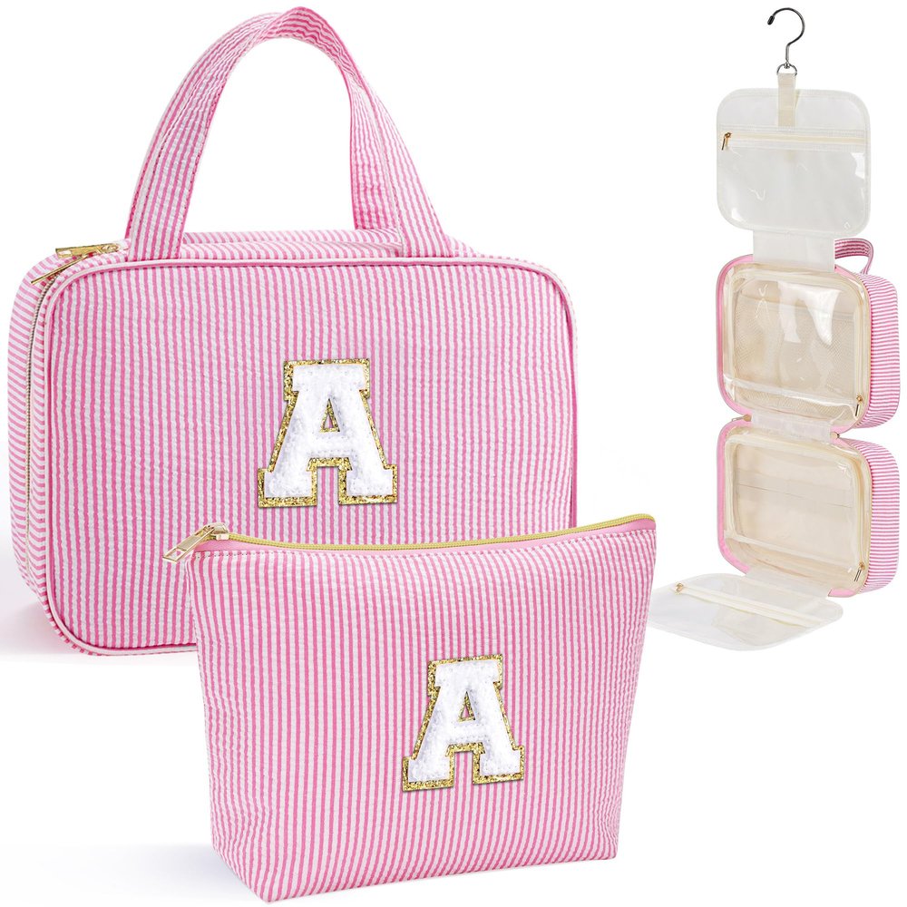 YOOLIFE Initial Hanging Toiletry Bag for Teen Girl - Birthday Gifts for 11 12 13 14 15 16 17 18 19 Year Old Girls, Travel Toiletry Bag Gifts for Mom Daughter Sister Friends, Letter A, Pink