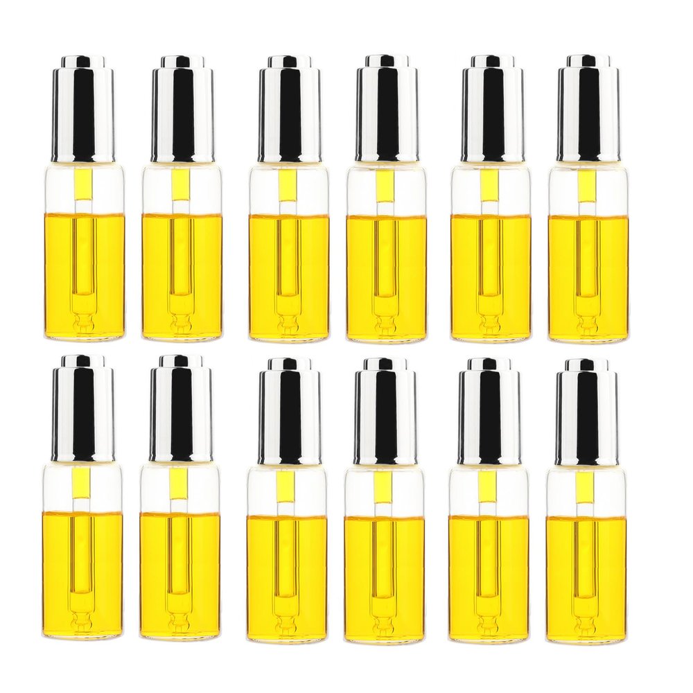 10/15/20/25/30ML Transparent Glass Dropper Bottles with Electroplate Silver Convex Steps Press Cap with Threaded 20/410 for Essential Oils, Leak Proof Travel Bottles, Set of 12 (30ml)