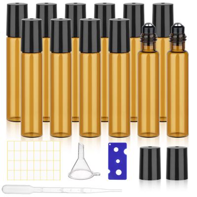 12 Pack Amber Roller Bottles for Essential Oils, 10ml Glass Roll On Bottles for Travel and Lip Gloss, Empty Perfume Roller Ball Applicator Bottle With Lid, Dropper, Funnel, Opener, Labels