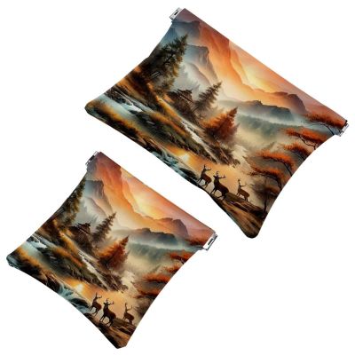 2Pcs Sunset Mountain Deer-1367 Pocket Cosmetic Bag for Purses, Waterproof Makeup Bag Cosmetic Pouch, Portable No Zipper Makeup Bag