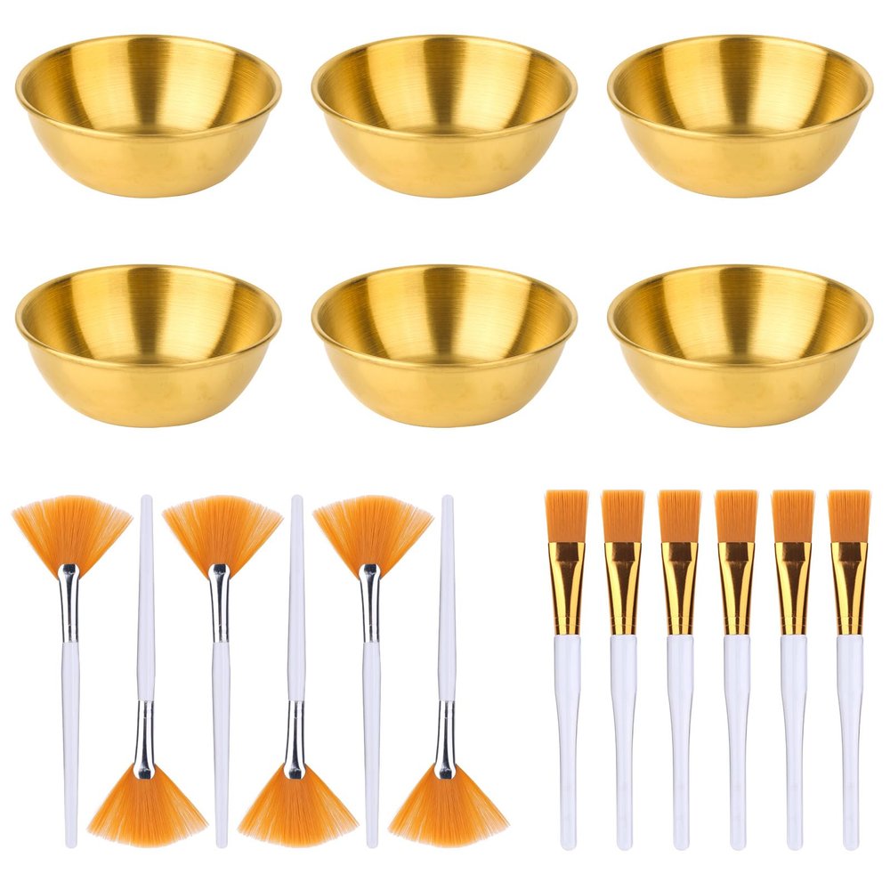 18pcs Esthetician Facial Supplies Set, Including 6 Gold Stainless Steel Bowls, 6 Fan Brushes & 6 Flat Brushes Face Mask Applicator Facial Mask Mixing Bowl Set Essential Tool for Women Spa (Gold)