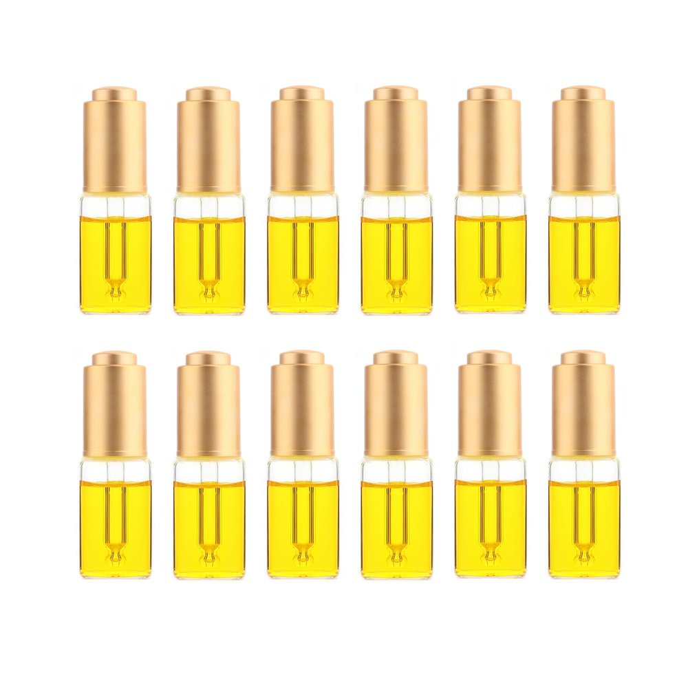 10/15/20/25/30ML Transparent Glass Dropper Bottles with Electroplate Frosted Gold Convex Steps Press Cap with Threaded 20/410 for Essential Oils, Leak Proof Travel Bottles, Set of 12 (15ml)