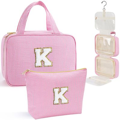 YOOLIFE Christmas Gifts for Women Stocking Stuffers, Initial Hanging Toiletry Bag for Women, Travel Toiletry Bag, Birthday Gifts for Mom Daughter Sister Friends, Letter K, Pink