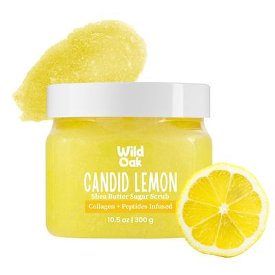 Wild-Oak Candid Lemon Shea Butter Sugar Body Scrub | Collagen & Peptides | Tan Removal | Lightens Dark Area Like Neck & Elbows | Hydrating & Exfoliating Scrub 300ml.