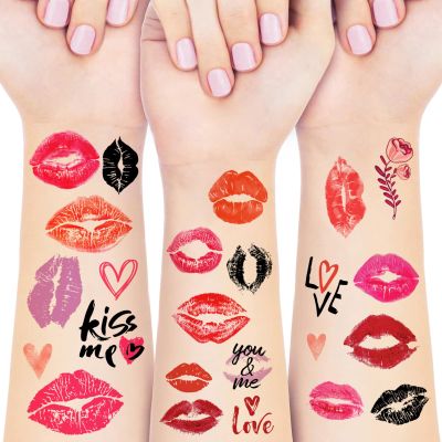 10 Sheets Red Fake Lips Temporary Tattoo Stickers,Red Pink Lip Print Kiss Face Tattoo Stickers, Body Makeup Valentines Day Decorations Party Favors