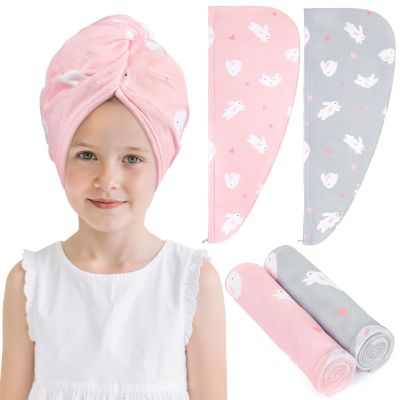 FIOBEE Microfiber Hair Towel Wrap for Kid Rapid Drying Towel Absorbent Hair Turbans for Wet Hair with Button Women Girls Long Curly Hair Pack of 2, Pink/Gray Rabbit