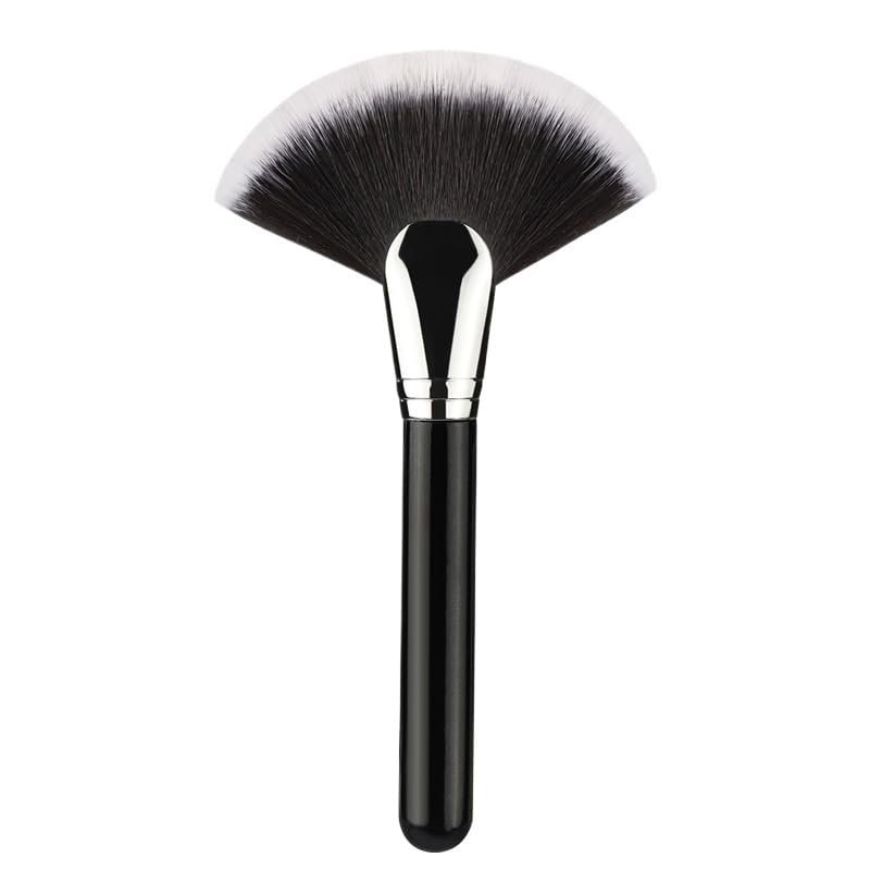 2 Pcs Large Fan Makeup Brushes Set - Facial Powder, Blusher & Concealer Cosmetic Brushes with Wood Handle and Synthetic Hair(Black Sliver)