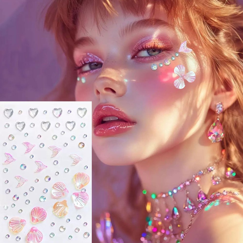 140 pcs Pink Mermaid Face Gems - Glitter Shells Face Rhinestones for Women Girls- Pearls Mermaid Tail Shell Bead Design Self-Adhesive Jewelry for Face Hair Nail Body Party Makeup Decoration