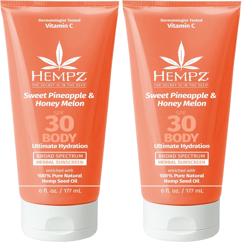 Hempz Daily Body Sunscreen SPF 30, Sweet Pineapple and Honeymelon, Reef Safe, Vegan, Dermatologist Tested, 6 oz (Pack of 2)