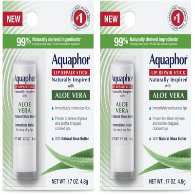Aquaphor Naturally Inspired Lip Repair Stick with Aloe Vera and Natural Shea Butter, Hydrating Lip Balm Immediately Relieves Dryness, 0.17 Oz Stick (Pack of 2)