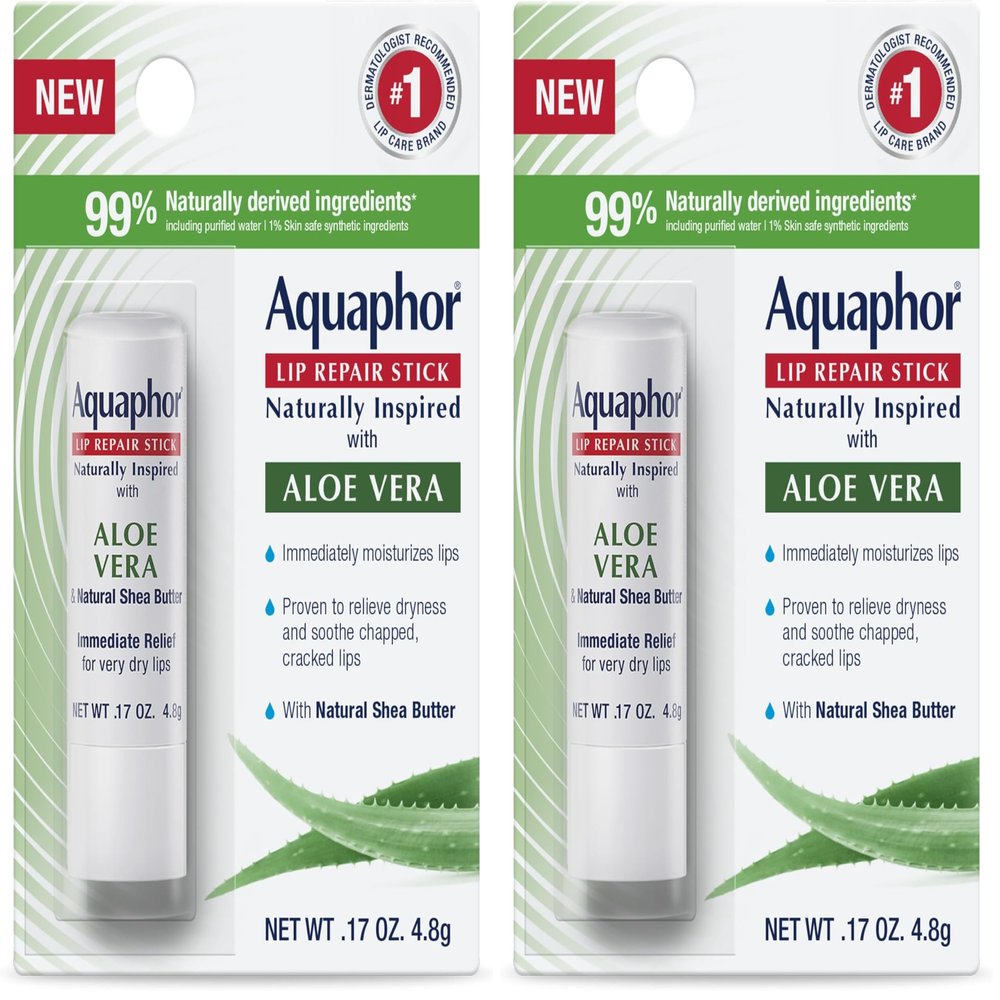 Aquaphor Naturally Inspired Lip Repair Stick with Aloe Vera and Natural Shea Butter, Hydrating Lip Balm Immediately Relieves Dryness, 0.17 Oz Stick (Pack of 2)
