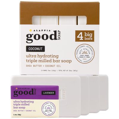 Alaffia Good Soap Coconut (4 Bars) + Trial-Size Lavender Bar Long-Lasting, Triple-Milled with Fair Trade Shea Butter