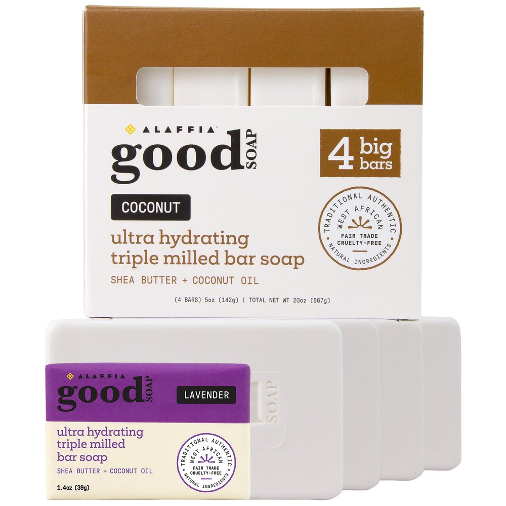 Alaffia Good Soap Coconut (4 Bars) + Trial-Size Lavender Bar Long-Lasting, Triple-Milled with Fair Trade Shea Butter