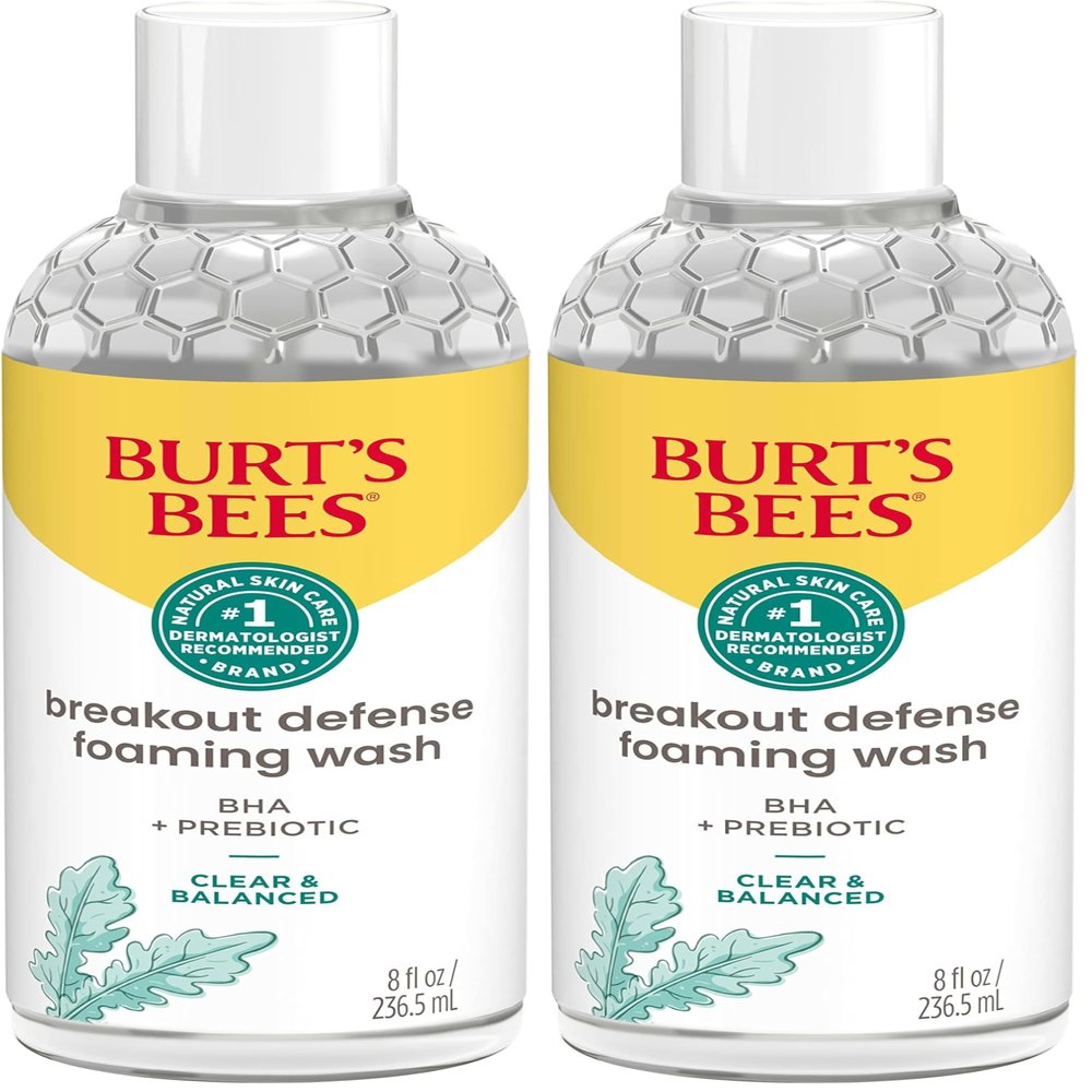 Burt's Bees Foaming Face Wash, BHA Breakout Defense Cleanser for All Skin Types, Washes Away Impurities & Excess Facial Oil, With a Prebiotic, 8 Oz. (Pack of 2)