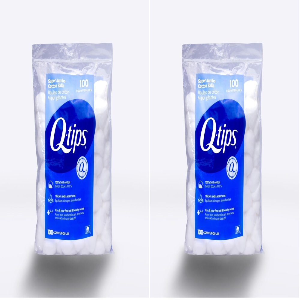 Q-tips Super Jumbo Cotton Balls for Beauty, First Aid and Baby Care, 100% Thick Cotton, 100 Count (Pack of 2)
