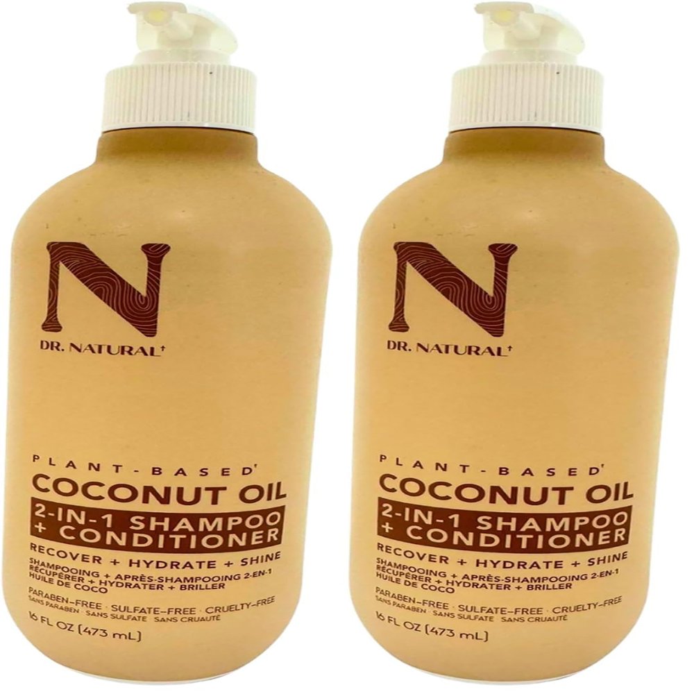 Dr. Natural 2-in-1 Shampoo Plus Conditioner - Strengthen and Add Shine to Hair - Moisturizing Frizz Control Clarifying Shampoo - Coconut Oil - 16 oz (Pack of 2)