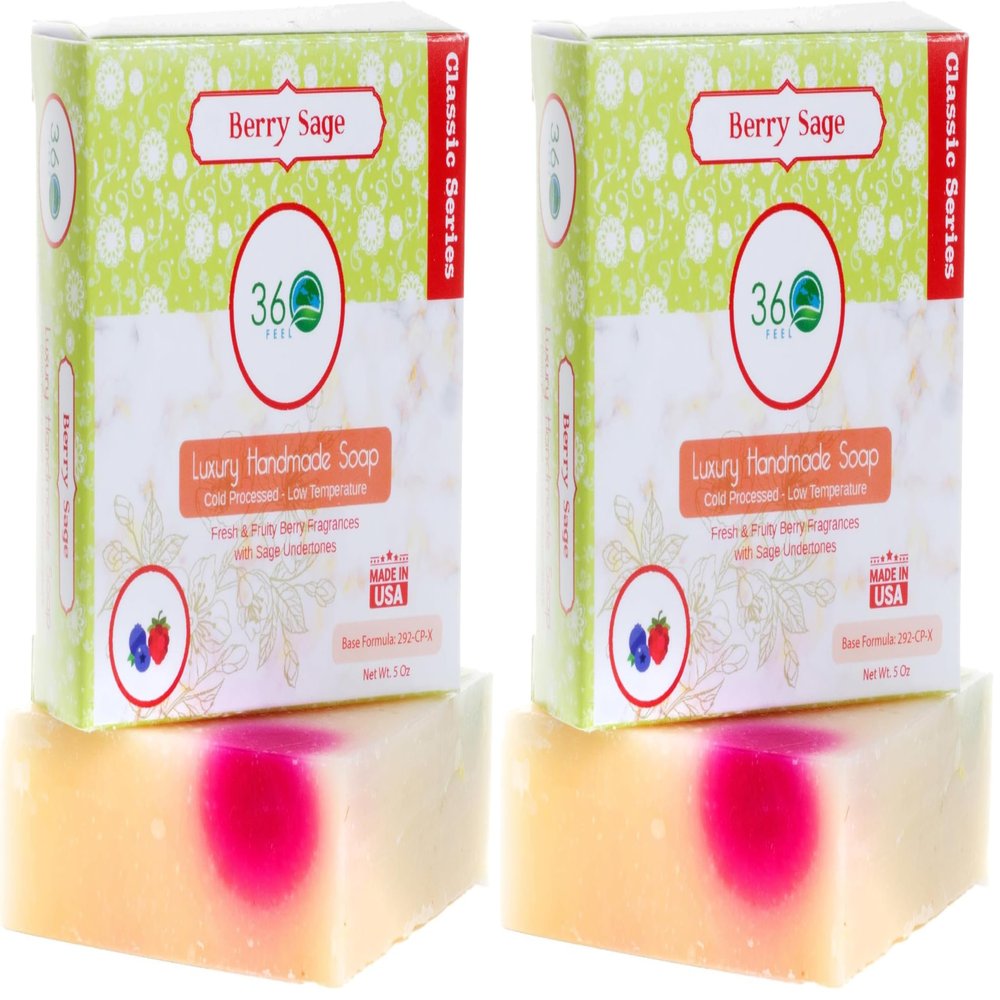 360Feel Berry Sage Soap - Handcrafted Castile Soap Bar with Soothing Scent - Handmade with Essential Oil - Suitable Gift for Anniversaries, Weddings, and Holiday Stockings - Rich Lather (Pack of 2)