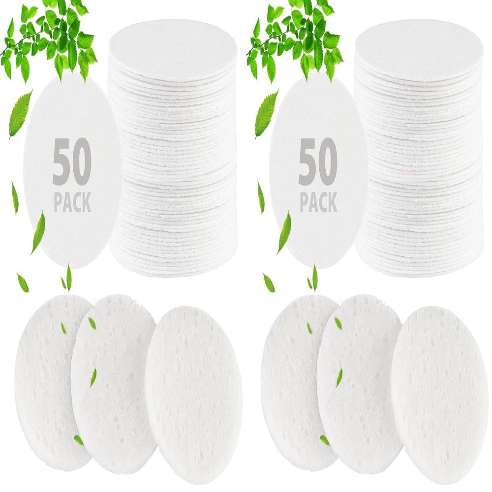 50-Count Compressed Facial Sponges, 100% Natural Cellulose Spa Sponge Perfect for for Daily Cleansing, Exfoliating, Removing Dead Skin and Makeup Removal (Pack of 2)