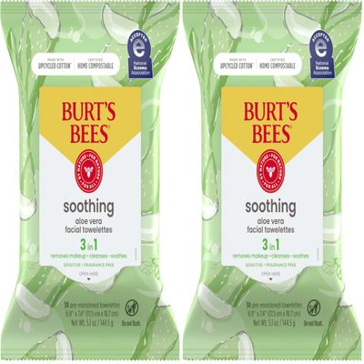 Burt's Bees, Aloe Vera Face Wipes, for Sensitive Skin, Soothing Makeup Remover & Facial Cleansing Towelettes, 30 Count (2 Pack)