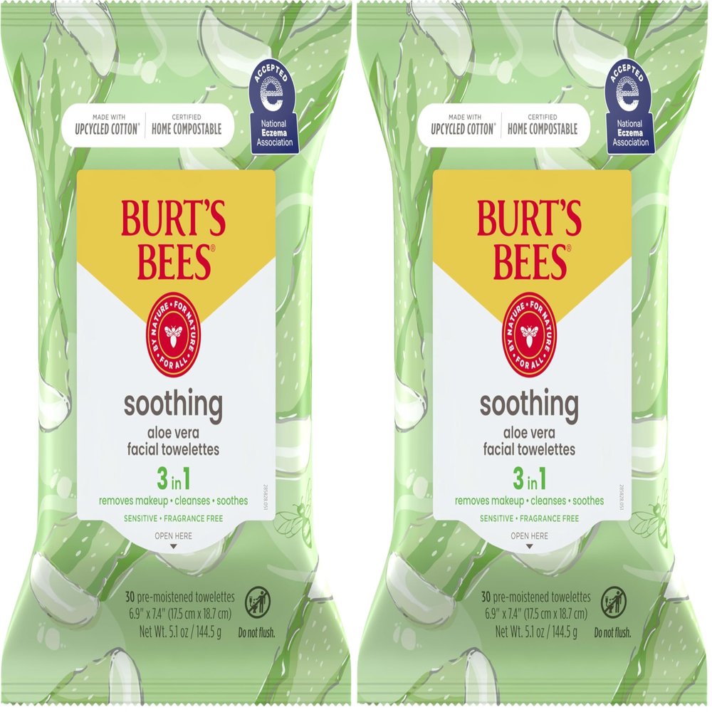 Burt's Bees, Aloe Vera Face Wipes, for Sensitive Skin, Soothing Makeup Remover & Facial Cleansing Towelettes, 30 Count (2 Pack)