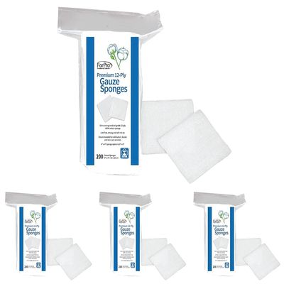 ForPro Professional Collection Premium 12-Ply Gauze Sponges, 100% Cotton, Lint-Free, Non-Sterile Cotton, for Cosmetic and Medical Use, 4 x 4, 200-Count (Pack of 4)