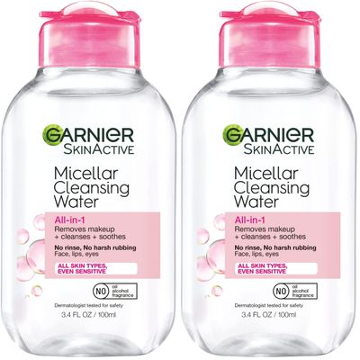 Garnier Micellar Cleansing Water, All-in-1 Makeup Remover and Facial Cleanser, For All Skin Types, 3.4 Fl Oz (100mL), 1 Count (Packaging May Vary) (Pack of 2)