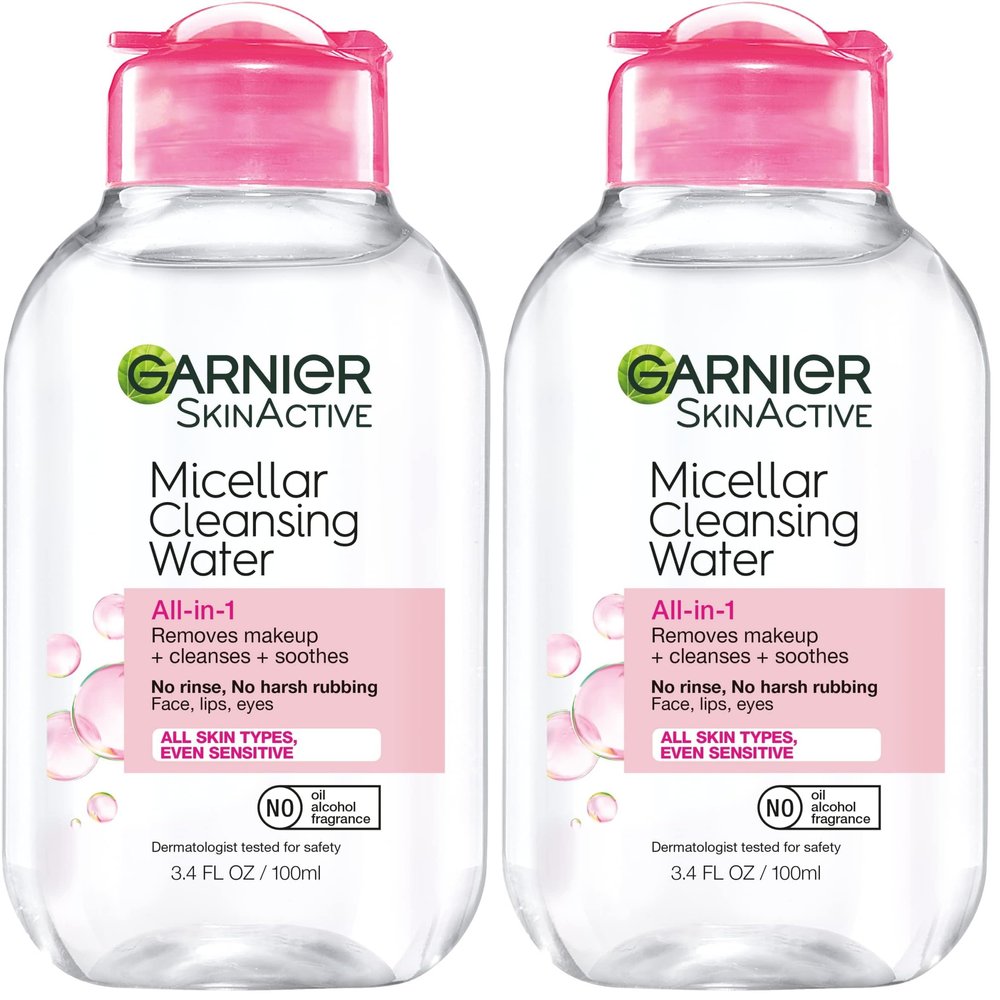 Garnier Micellar Cleansing Water, All-in-1 Makeup Remover and Facial Cleanser, For All Skin Types, 3.4 Fl Oz (100mL), 1 Count (Packaging May Vary) (Pack of 2)