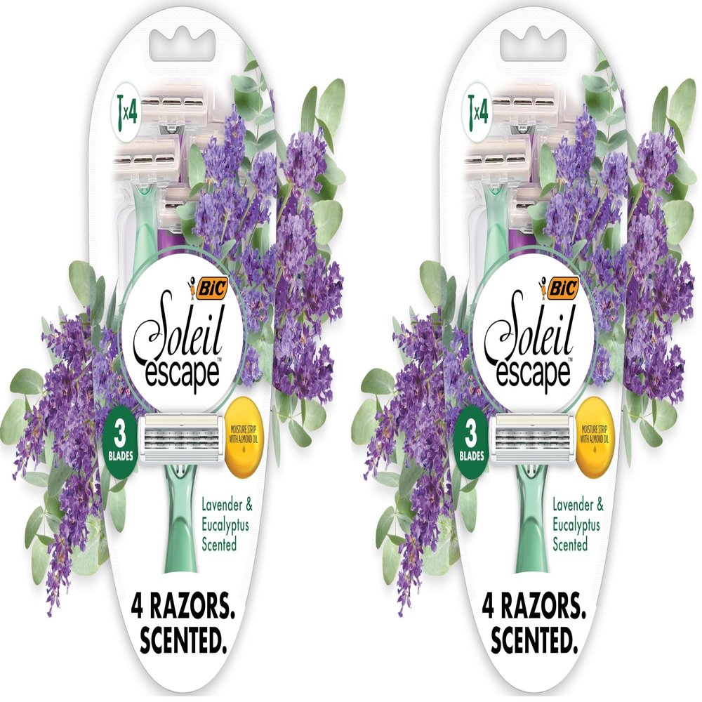 BIC Soleil Escape Scented Women's Disposable Razors, 3 Blades, Comfortable Shave, Lavender & Eucalyptus Scented Handle Shaving Razors for Women, 4 Count (Pack of 2)