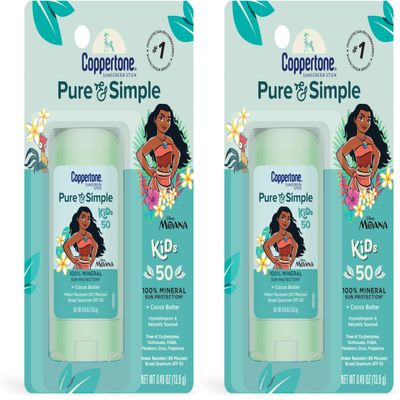 Coppertone Pure and Simple Kids Sunscreen Stick SPF 50, Hypoallergenic, Mineral Sunscreen for Kids, Water Resistant, Oxybenzone and Octinoxate Free, 0.49 Oz Stick (Pack of 2)