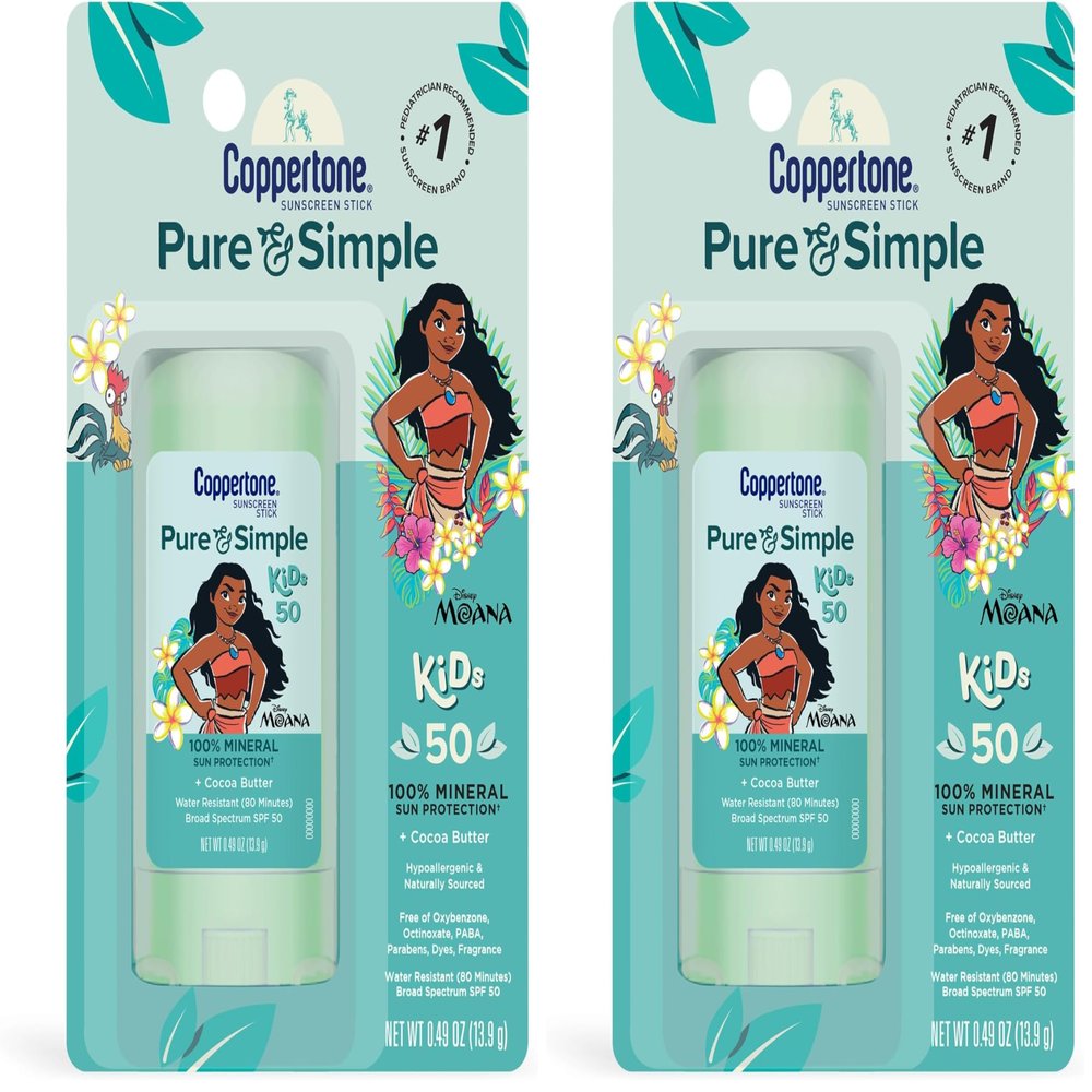 Coppertone Pure and Simple Kids Sunscreen Stick SPF 50, Hypoallergenic, Mineral Sunscreen for Kids, Water Resistant, Oxybenzone and Octinoxate Free, 0.49 Oz Stick (Pack of 2)