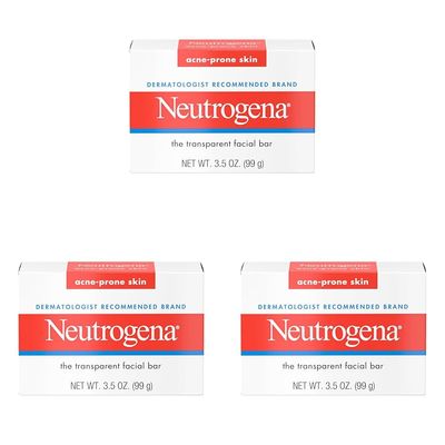 Neutrogena Facial Cleansing Bar Treatment for Acne-Prone Skin, Non-Medicated & Glycerin-Rich Formula Gently Cleanses without Over-Drying, No Detergents or Dyes, Non-Comedogenic, 3.5 oz (Pack of 3)