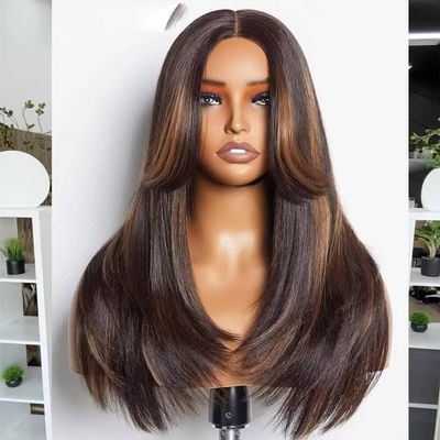 Brown Highlight Color Glueless Lace Straight Layered Cut Wig 13x6 Natural Wave Human Hair Wig With Invisible Lace Front Wig Pre Plucked 150% Density 24Inch