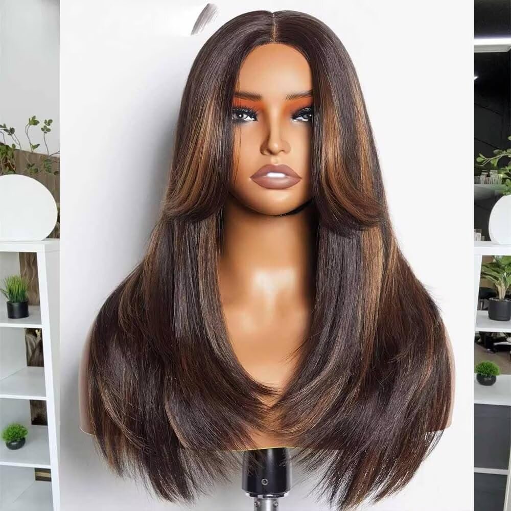 Brown Highlight Color Glueless Lace Straight Layered Cut Wig 13x6 Natural Wave Human Hair Wig With Invisible Lace Front Wig Pre Plucked 150% Density 24Inch
