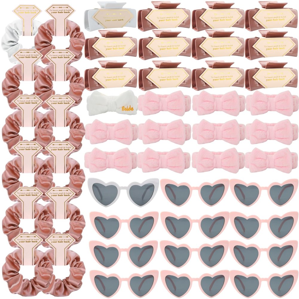 Tethzeng Bridesmaid Scrunchies Proposal Gifts square 4.1inch Bachelorette Hair Claws Clips women heart sunglasses headband gift for Wedding Party Favors (White&Rose Gold 48pcs)