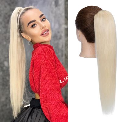 Charites Ponytail Extension, 14 Inch Claw Clip Ponytail Extension Human Hair Long Straight Jaw Clip in Real Hair Pony Tails Hairpieces for Women Platinum Blonde