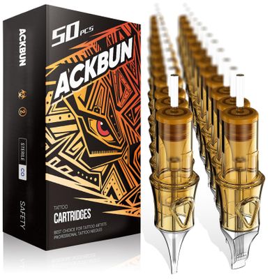 Ackbun 50Pcs Assorted Tattoo Needles 5Pcs each of #10 5RL, 7RL, 9RL, 15RM, 21RM, 15M1, 21M1 - #12 5RS, 7RS, 9RS Mixed Size Disposable Tattoo Cartridge Needle Pro Sterilization & Safety for Tattoo Pen