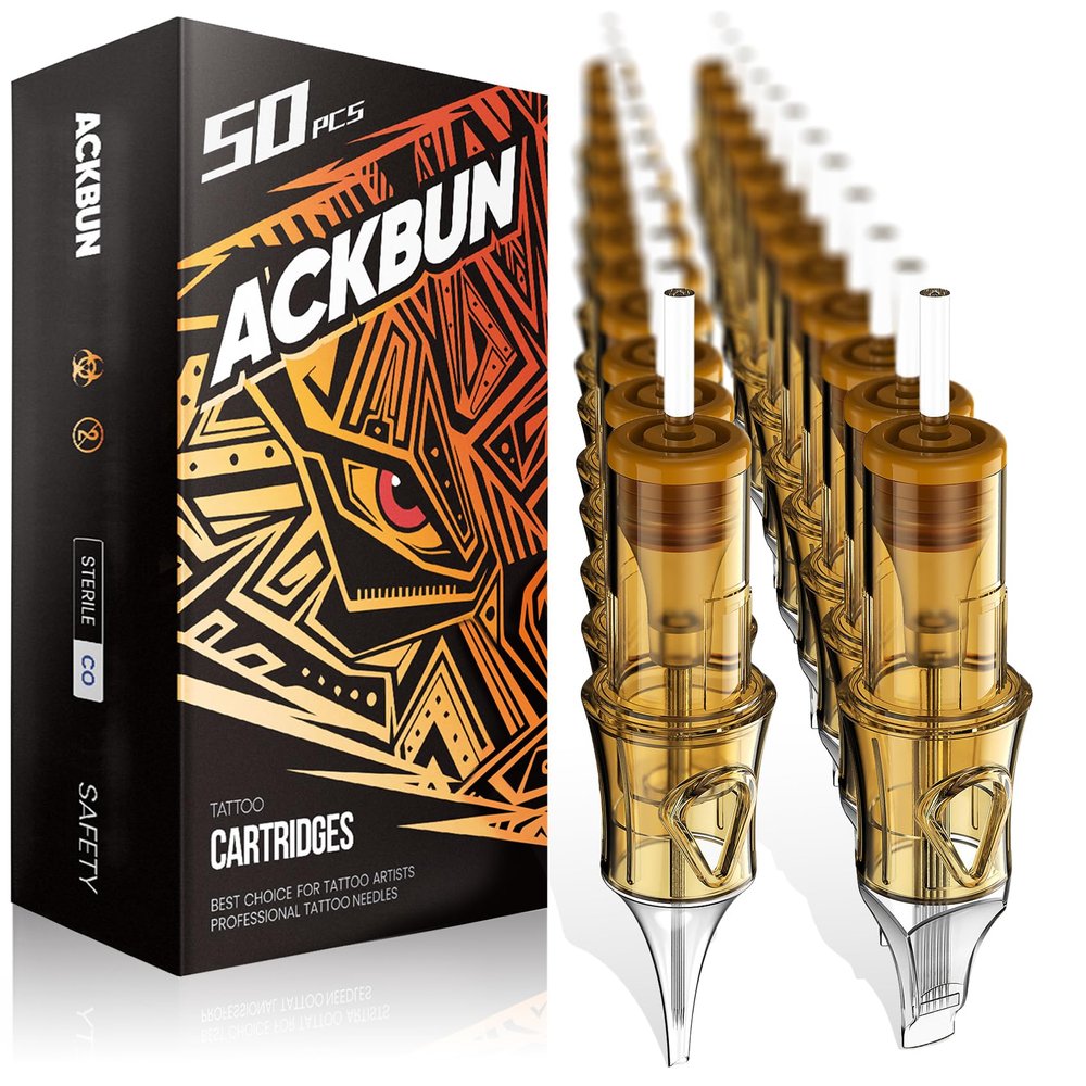 Ackbun 50Pcs Assorted Tattoo Needles 5Pcs each of #10 5RL, 7RL, 9RL, 15RM, 21RM, 15M1, 21M1 - #12 5RS, 7RS, 9RS Mixed Size Disposable Tattoo Cartridge Needle Pro Sterilization & Safety for Tattoo Pen