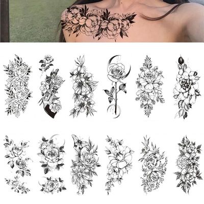 12 Sheets Health Beauty Black Flower Rose Temporary Tattoos Flash Art Body Arm Women Sleeve Waterproof Fake Tatoo Sticker