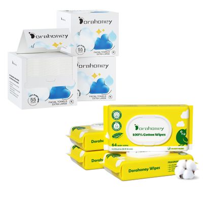 Disposable Face Towels 3 Packs of 55 Count + 100% Cotton Baby Wipes 4 Packs of 64 Count