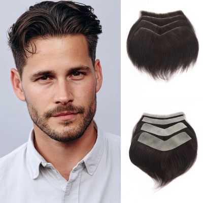 0.06mm Full PU Frontal Hairpiece For Men Toupee Natural Hairline Forehead Hair Piece Patch Invisible Seamless Ultra Thin Skin PU Human Hair Toppers Replacement Black/Brown Color (#2, 4x18inch)